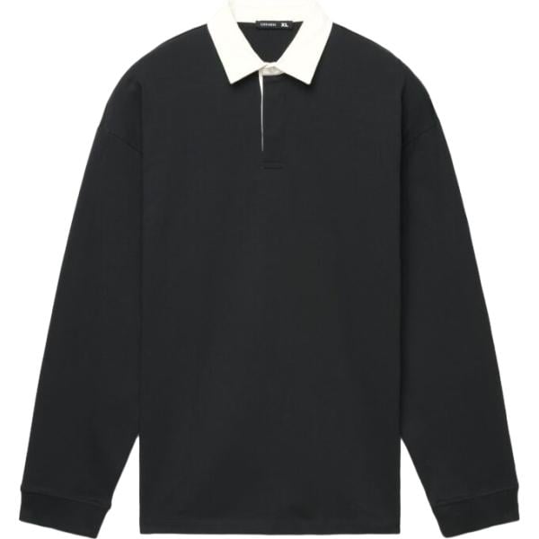 Polo da uomo in nero pece collo a polo a maniche lunghe in cotone Terranova