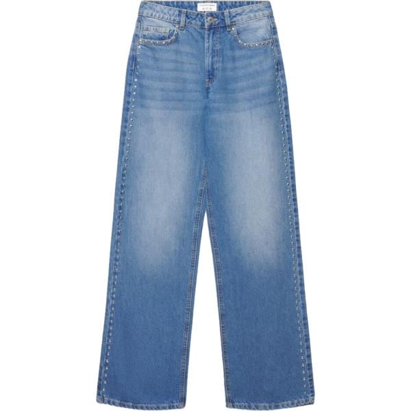 Jeans strappati da donna in blu medio con borchie lungo con zip in denim Terranova