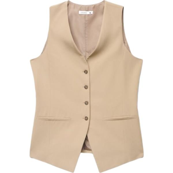 Gilet da donna in beige sabbia collo a v lungo senza maniche con bottoni in viscosa Terranova