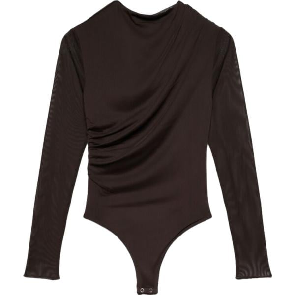 Corpo da donna con drappeggio in marrone scuro con scollo a maniche lunghe con bottoni in poliestere Terranova