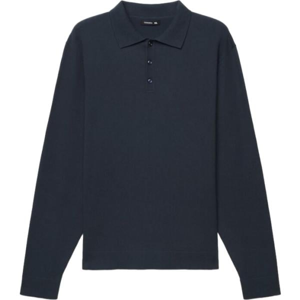Polo da uomo a fascia in blu scuro collo a polo a maniche lunghe con bottoni Terranova