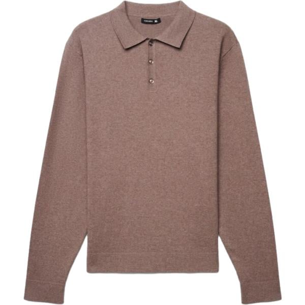Polo da uomo a fascia in marrone scuro collo a polo a maniche lunghe con bottoni Terranova