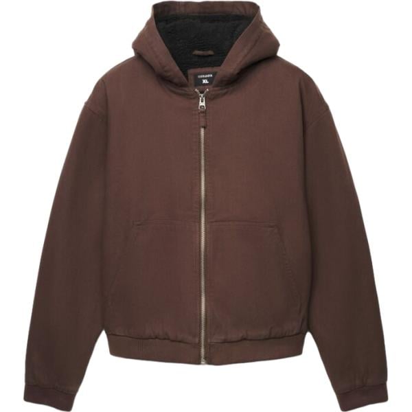 Giacca soprabito da uomo in marrone scuro collo con cappuccio a maniche lunghe con zip in cotone Terranova