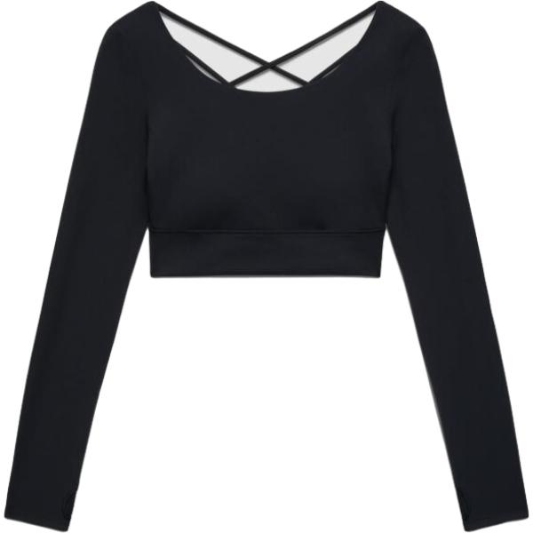 T-shirt sportiva da donna in nero pece con scollo corto a maniche lunghe con lacci Terranova