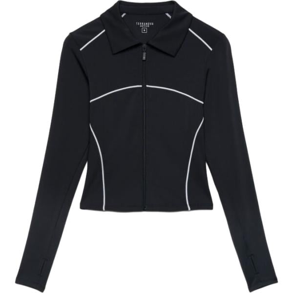 Felpa sportiva da donna in nero pece collo senza cappuccio a maniche lunghe con zip Terranova