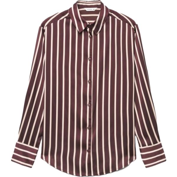 Camicia da donna in marrone scuro a righe collo a punta a maniche lunghe con bottoni Terranova
