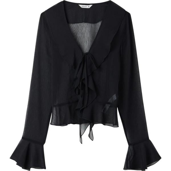 Blusa da donna in nero pece con ruches collo a v corto a maniche lunghe con lacci Terranova