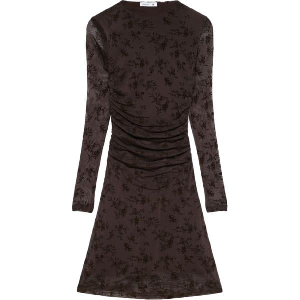 Vestito corto da donna in marrone scuro con stampe con ruches girocollo corto a maniche lunghe in poliestere Terranova Terranova