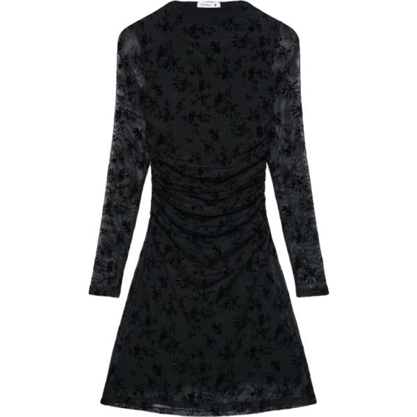 Vestito corto da donna in nero pece con stampe con ruches girocollo corto a maniche lunghe in poliestere Terranova