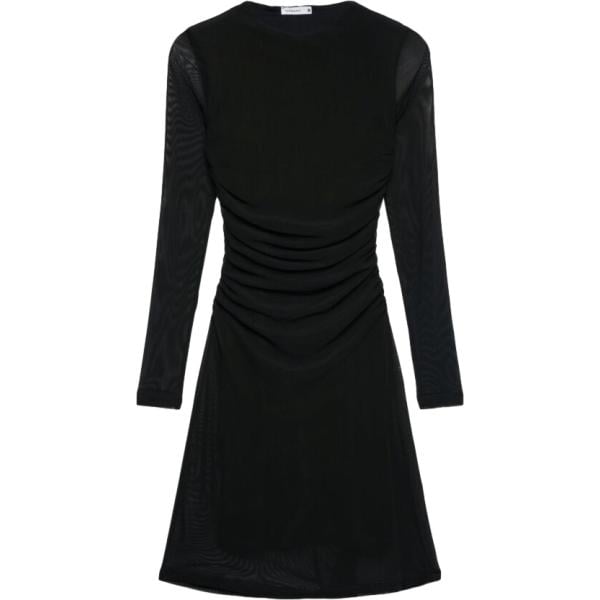 Vestito corto da donna in nero pece con ruches girocollo corto a maniche lunghe in poliestere Terranova