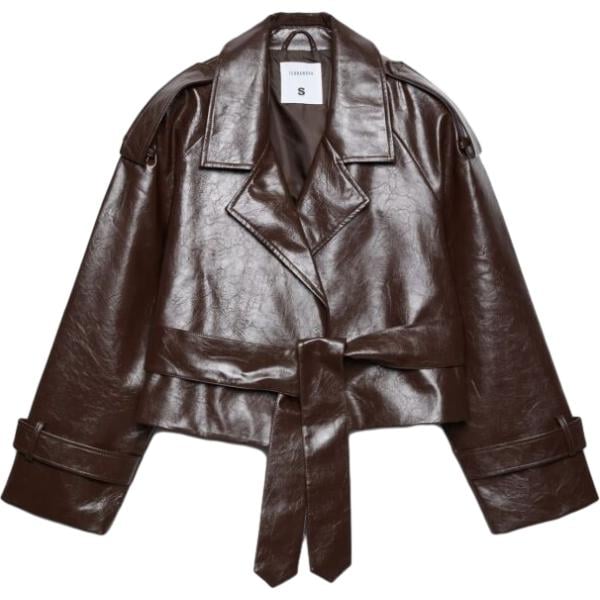 Trench da donna in marrone scuro collo con revers corto a maniche lunghe con cintura Terranova
