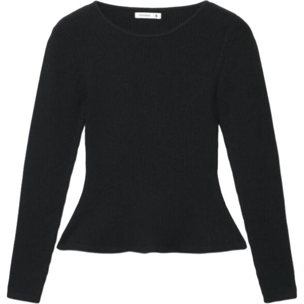 Maglione da donna in nero pece con ruches girocollo a maniche lunghe in viscosa Terranova