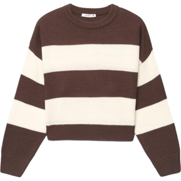 Maglione da donna in marrone scuro a righe girocollo a maniche lunghe Terranova