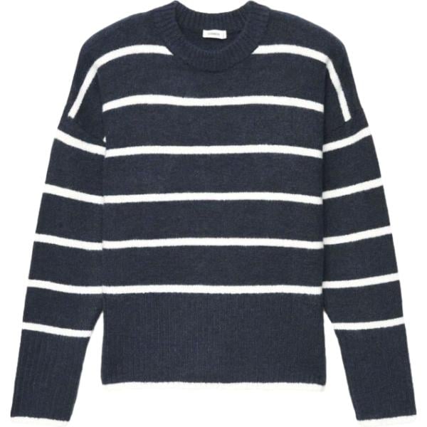 Pullover da donna in grigio scuro a righe con scollo senza tasche a maniche lunghe in lana Terranova