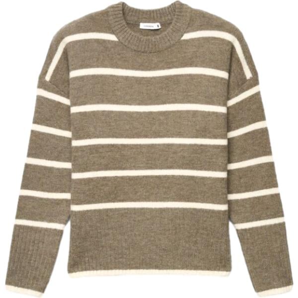 Pullover da donna in marrone scuro a righe con scollo senza tasche a maniche lunghe in lana Terranova