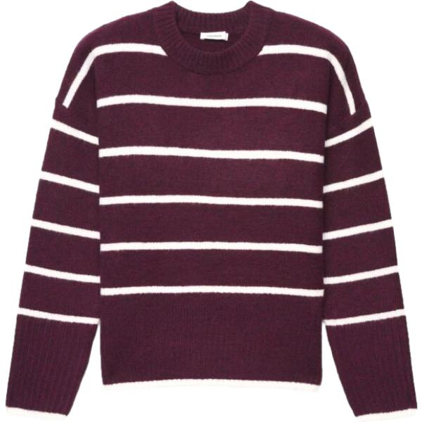 Pullover da donna in viola scuro a righe con scollo senza tasche a maniche lunghe in lana Terranova