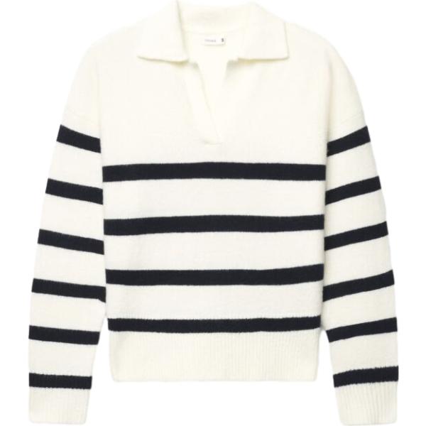 Maglione da donna in bianco neve a righe collo a v a maniche lunghe in lana Terranova