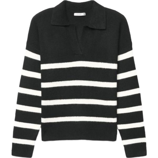 Maglione da donna in nero pece a righe collo a v a maniche lunghe in lana Terranova