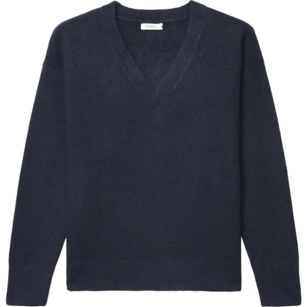 Maglione da donna in blu scuro collo a v a maniche lunghe in lana Terranova