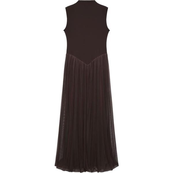 Vestito lungo da donna in marrone scuro plissè collo alto lungo senza maniche a punta con zip in viscosa Terranova Terranova