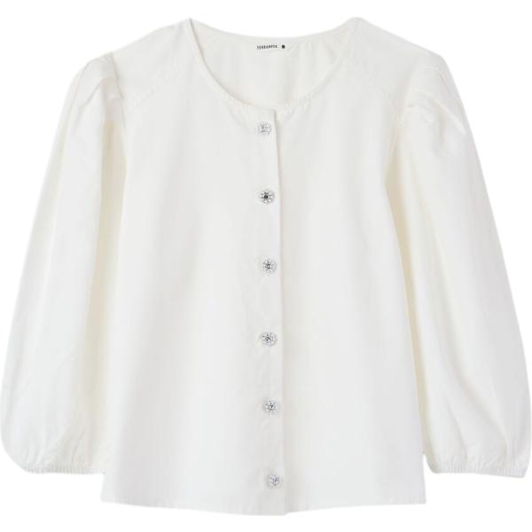 Blusa da donna in bianco neve girocollo a maniche lunghe con bottoni in cotone Terranova