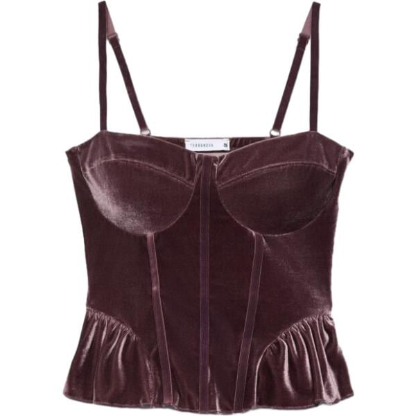 Top da donna in marrone scuro con ruches con spalline in velluto Terranova Terranova