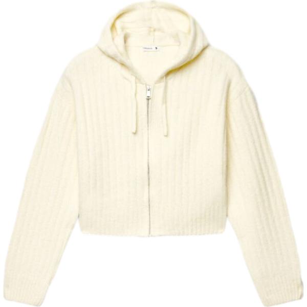 Cardigan da donna in bianco avorio collo con cappuccio corto a maniche lunghe a vita alta con zip in lana Terranova
