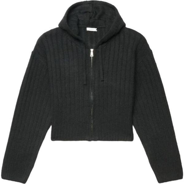 Cardigan da donna in nero pece collo con cappuccio corto a maniche lunghe a vita alta con zip in lana Terranova