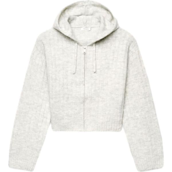 Cardigan da donna in bianco neve collo con cappuccio corto a maniche lunghe a vita alta con zip in lana Terranova