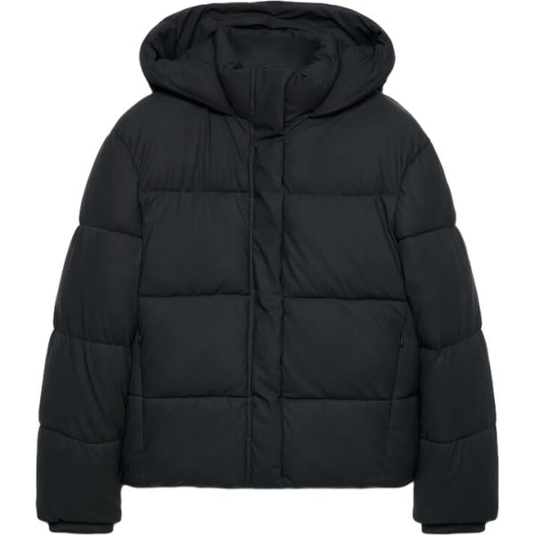 Piumino da donna in nero pece collo con cappuccio a maniche lunghe con zip Terranova