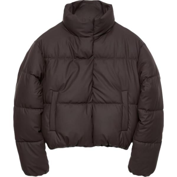 Piumino da donna in marrone scuro collo alto corto a maniche lunghe con zip Terranova
