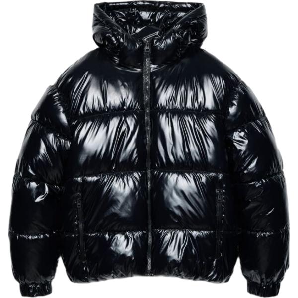 Piumino da uomo in nero pece effetto lucido collo con cappuccio a maniche lunghe con zip Terranova