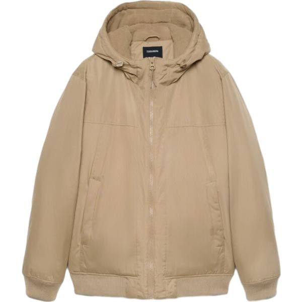 Giacca soprabito da uomo in marrone chiaro collo con cappuccio a maniche lunghe con zip Terranova