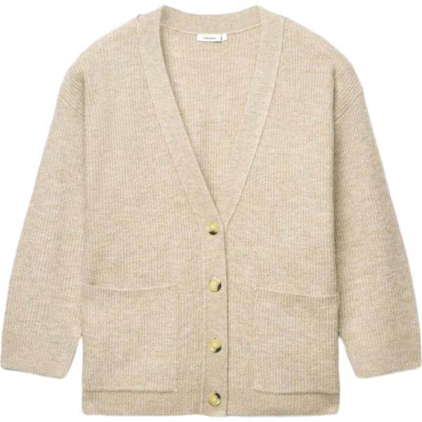 Cardigan da donna in beige sabbia collo a v a maniche lunghe con bottoni in lana Terranova