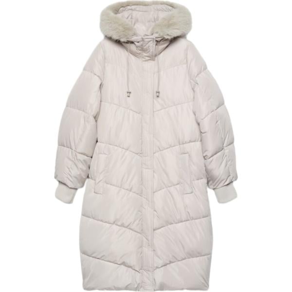 Piumino da donna in grigio chiaro collo con cappuccio lungo a maniche lunghe con zip Terranova