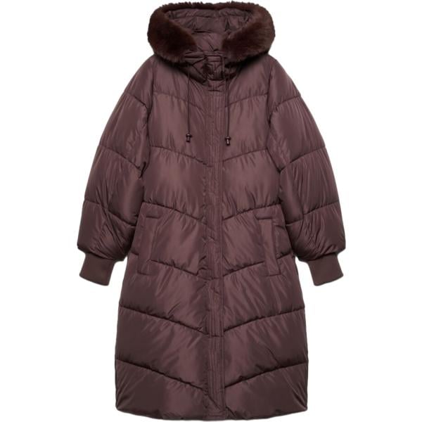 Piumino da donna in marrone scuro collo con cappuccio lungo a maniche lunghe con zip Terranova