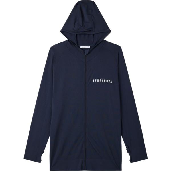 Felpa sportiva da uomo in blu scuro con stampe collo con cappuccio a maniche lunghe con zip Terranova