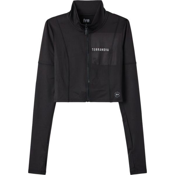 Felpa sportiva da donna in nero pece con stampe collo senza cappuccio a maniche lunghe con zip Terranova