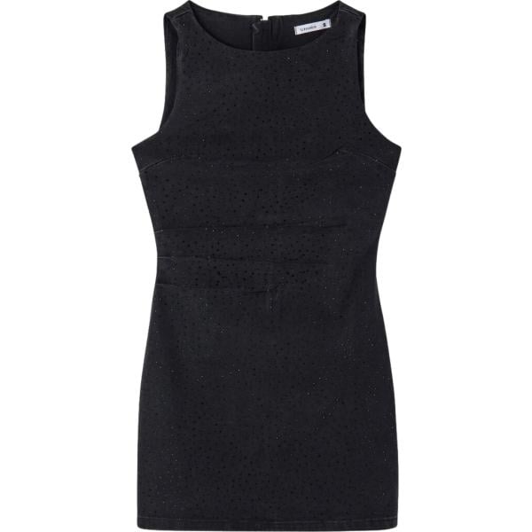Vestito corto da donna in nero pece con strass girocollo corto senza maniche con zip in denim Terranova