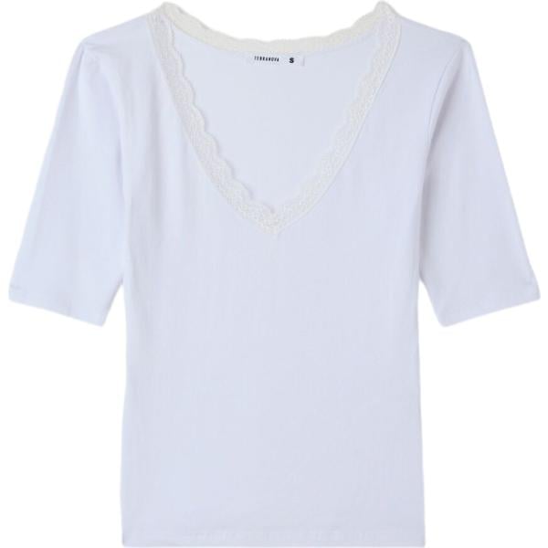 T-shirt da donna in bianco neve con pizzo collo a v a maniche corte in cotone Terranova