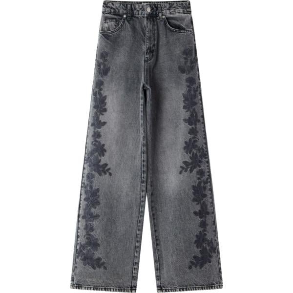 Jeans da donna in grigio scuro a fiori maxi a vita alta con zip in denim Terranova