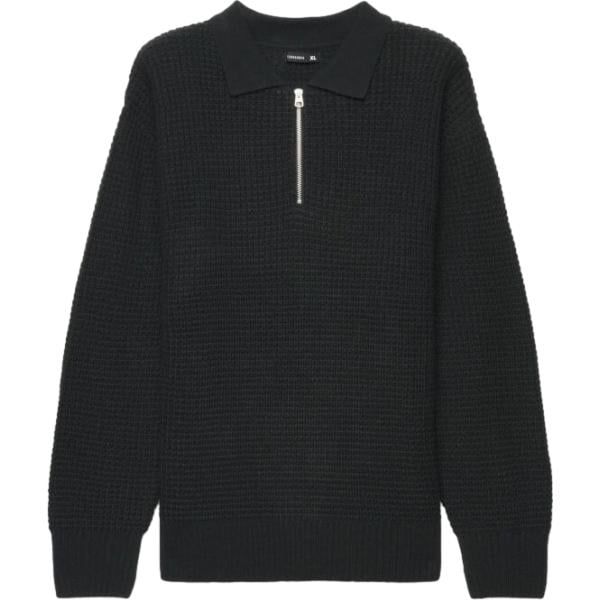 Polo da uomo in nero pece collo a polo a maniche lunghe con zip Terranova