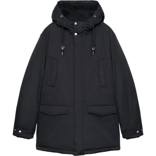 Parka da uomo in nero pece collo con cappuccio lungo a maniche lunghe con zip Terranova