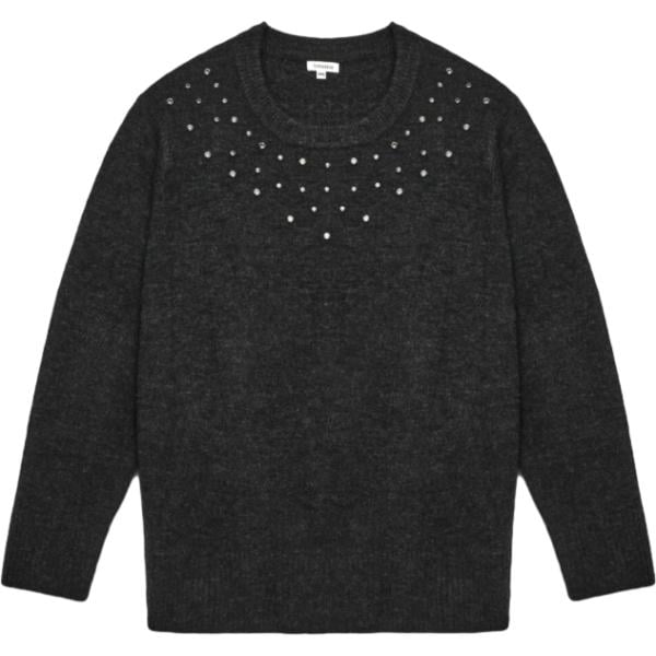 Maglione da donna in nero pece con strass con scollo a maniche lunghe in lana Terranova