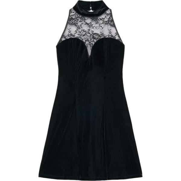 Vestito corto da donna in nero pece con pizzo collo alto corto senza maniche in poliestere Terranova