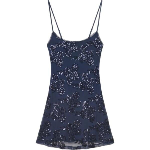 Vestito corto da donna in blu scuro a fiori con paillettes con spalline corto in poliestere Terranova