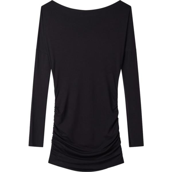 Vestito corto da donna in nero pece con ruches collo a barchetta corto a maniche lunghe in poliestere Terranova