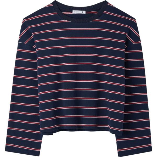 T-shirt da donna in blu scuro a righe girocollo corto a maniche lunghe a vita alta in cotone Terranova