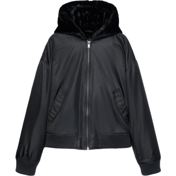 Bomber da uomo in nero pece collo con cappuccio a maniche lunghe con zip Terranova