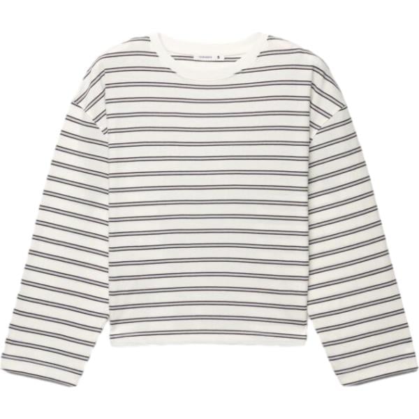T-shirt da donna in bianco avorio a righe con scollo a maniche lunghe in cotone Terranova